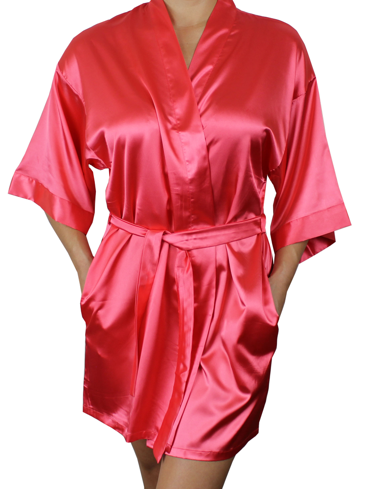 Women's Satin Kimono Short Robe with Pockets