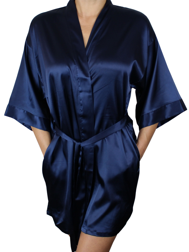 Women's Satin Kimono Short Robe with Pockets