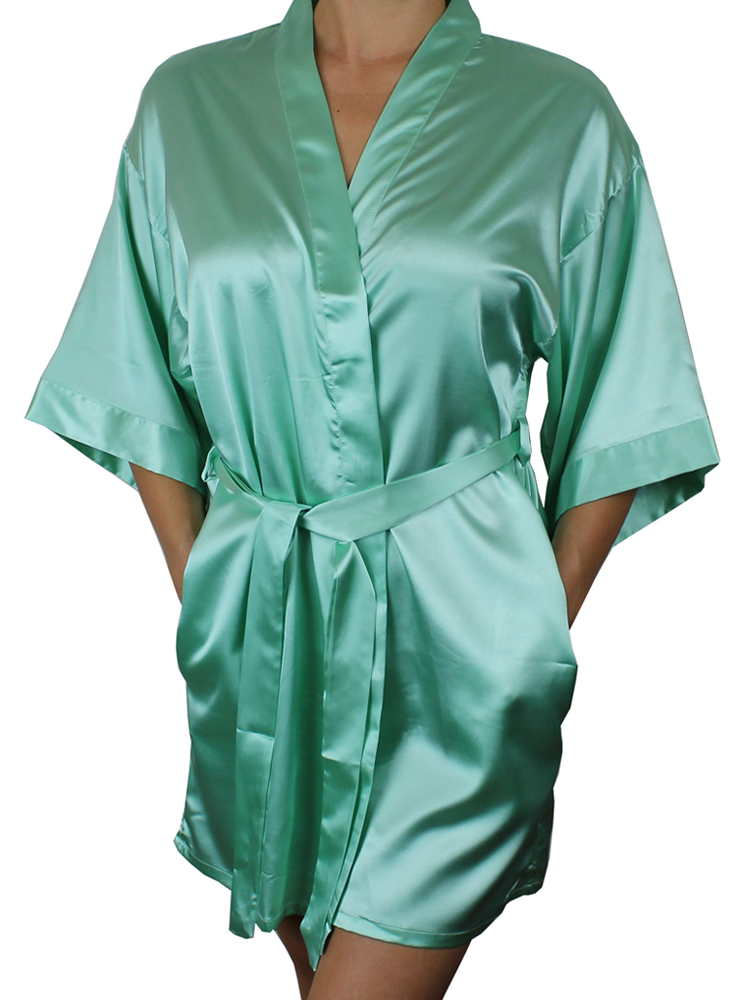 Women's Satin Kimono Short Robe with Pockets