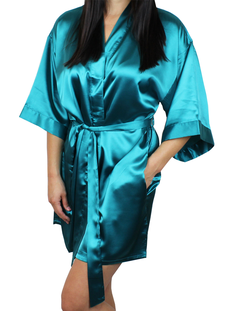 Women's Satin Kimono Short Robe with Pockets