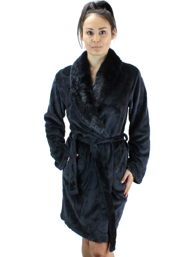 Short Fleece Robe with Faux Fur Collar