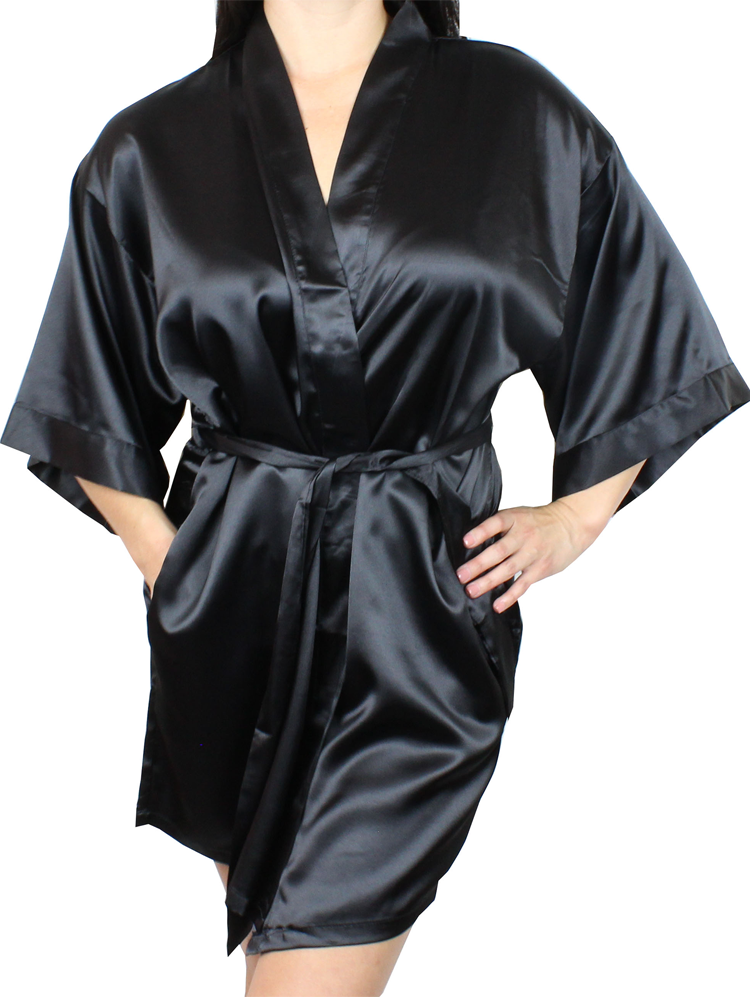 Women's Satin Kimono Short Robe with Pockets