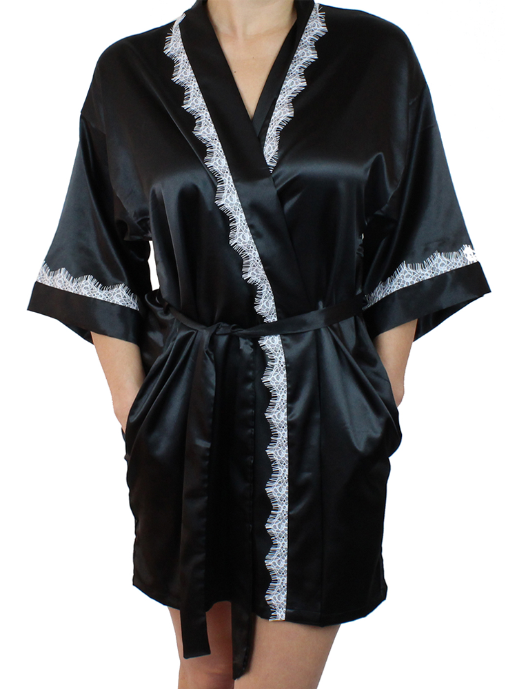 Women's Satin Kimono Short Robe with Lace Trim