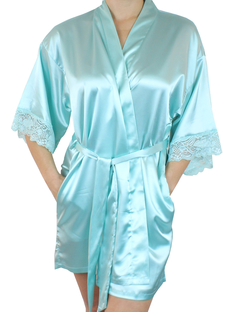 Women's Satin Kimono Short Robe with Lace Trim Sleeves