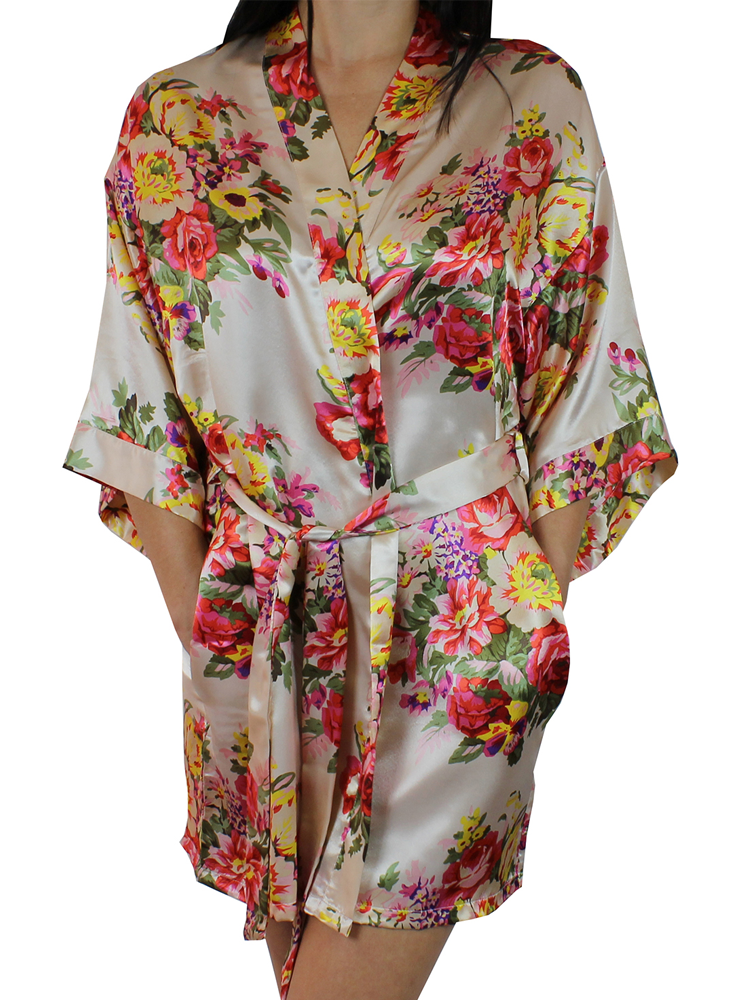 Women's Floral Satin Kimono Short Robe