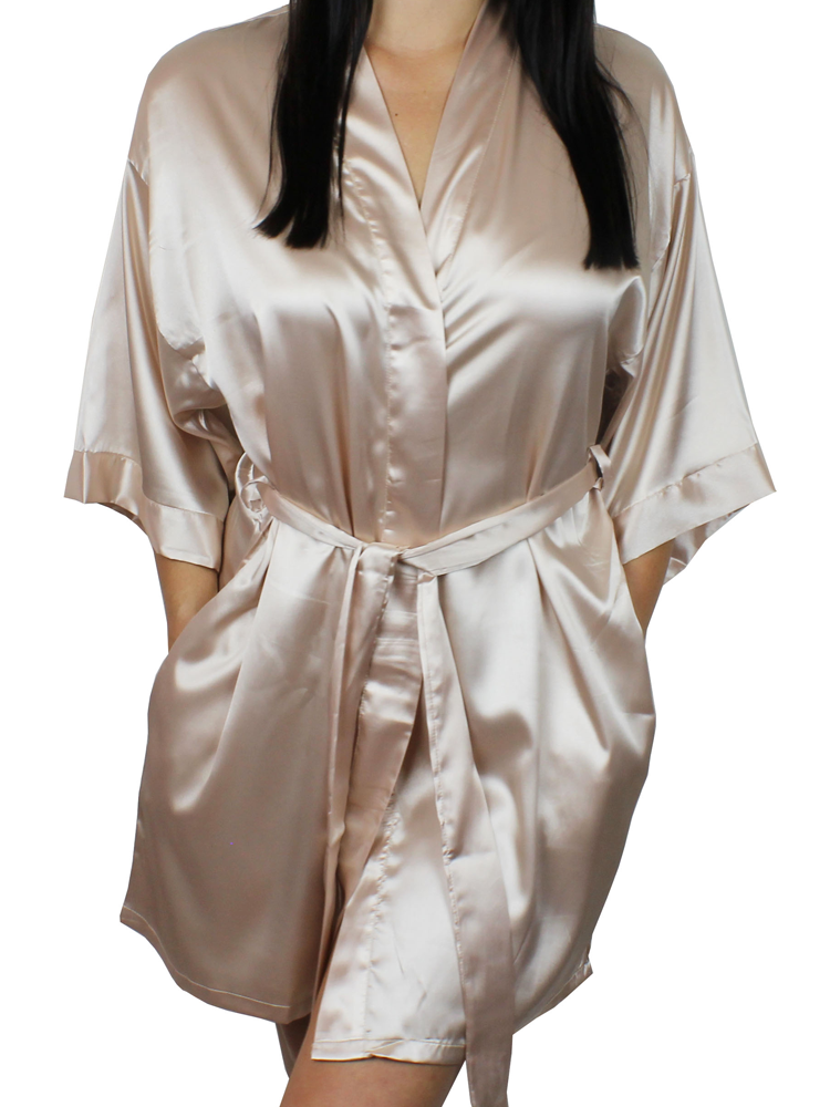 Women's Satin Kimono Short Robe with Pockets