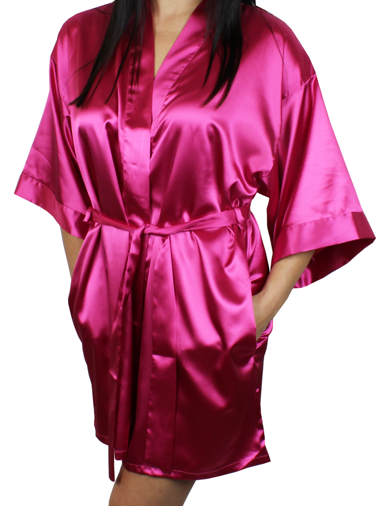 Women's Satin Kimono Short Robe with Pockets