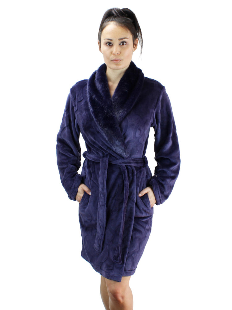 Short Fleece Robe with Faux Fur Collar - MsLovely
