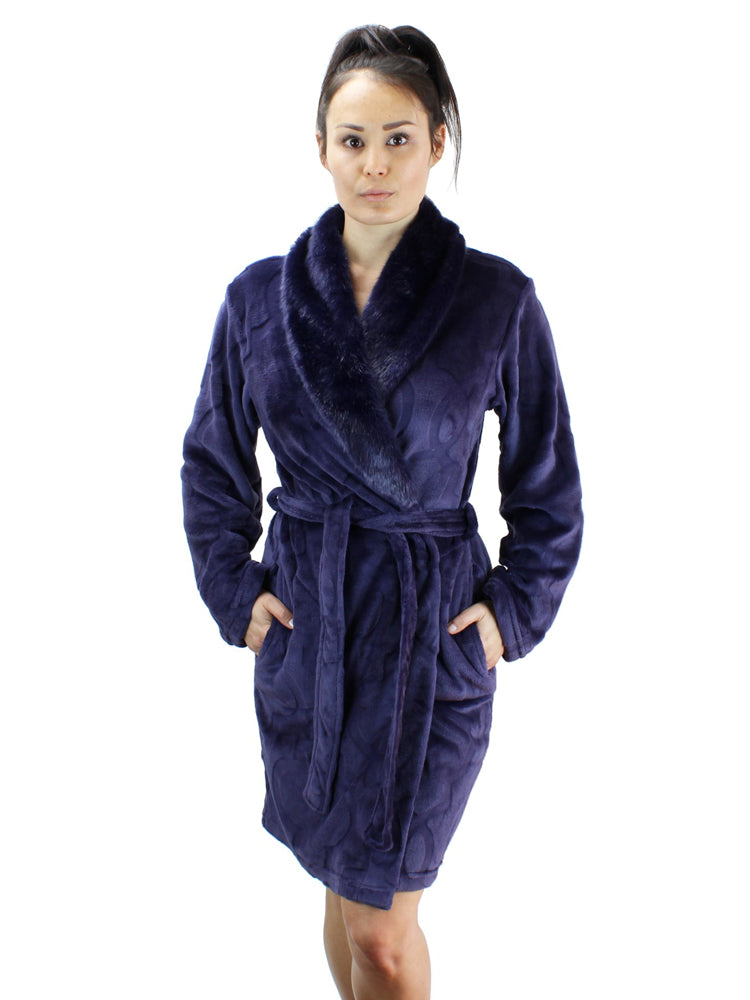 Short Fleece Robe with Faux Fur Collar