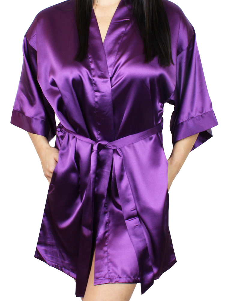 Women's Satin Kimono Short Robe with Pockets