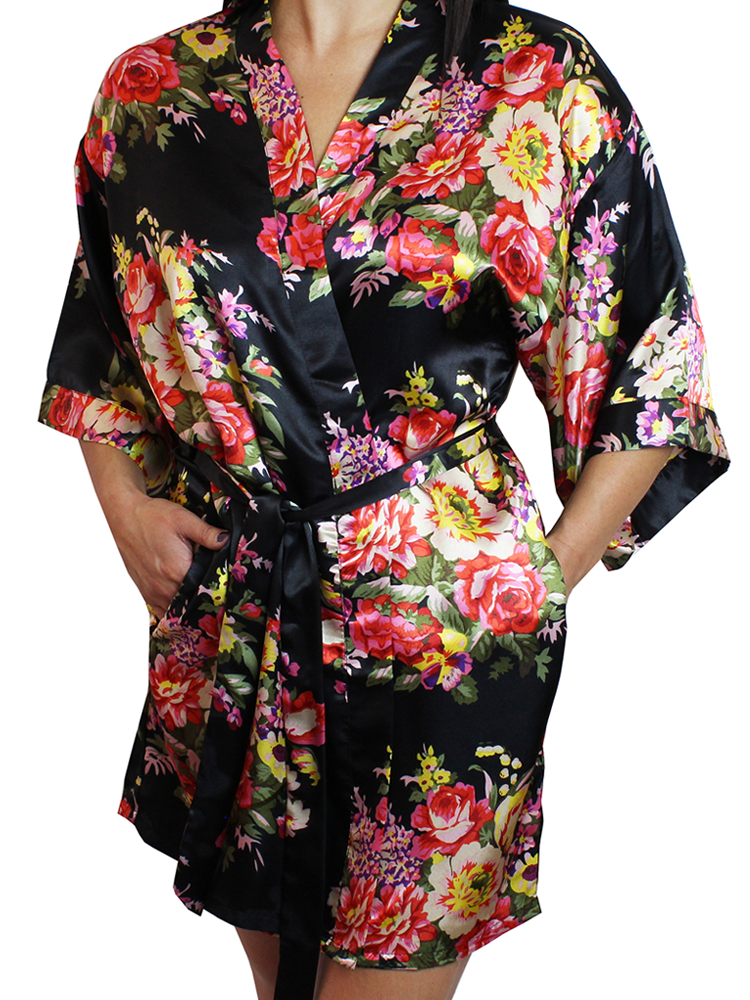 Women's Floral Satin Kimono Short Robe