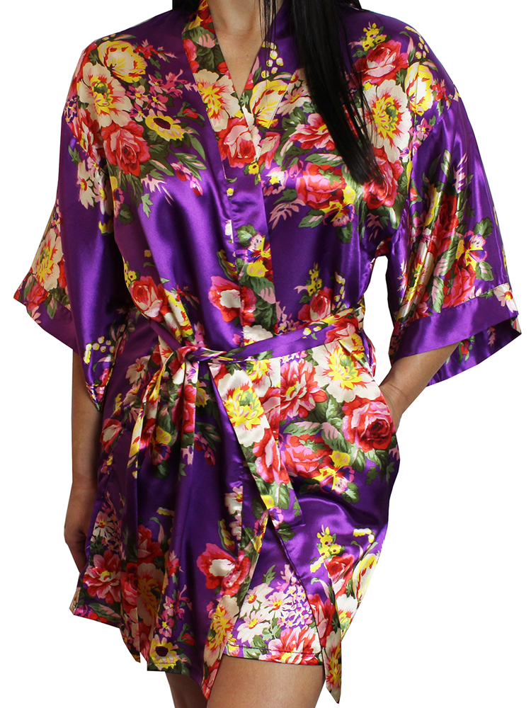 Women's Floral Satin Kimono Short Robe
