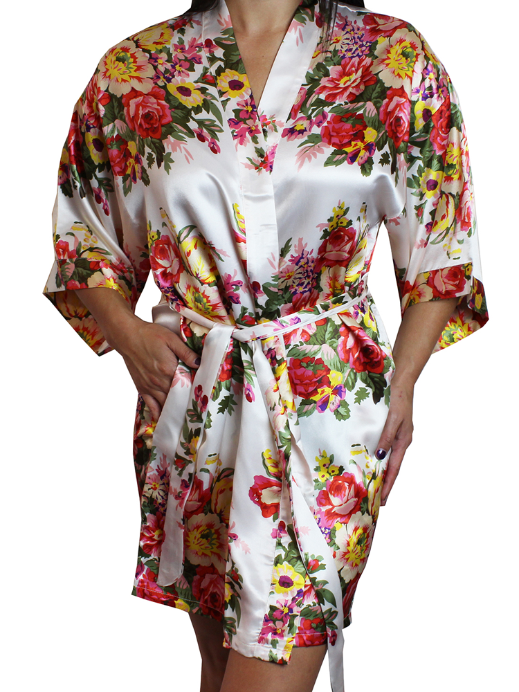 Women's Floral Satin Kimono Short Robe