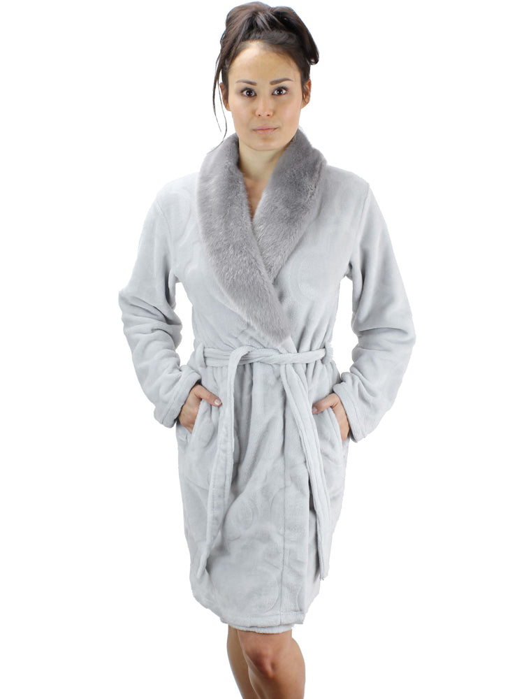 Short Fleece Robe with Faux Fur Collar - MsLovely