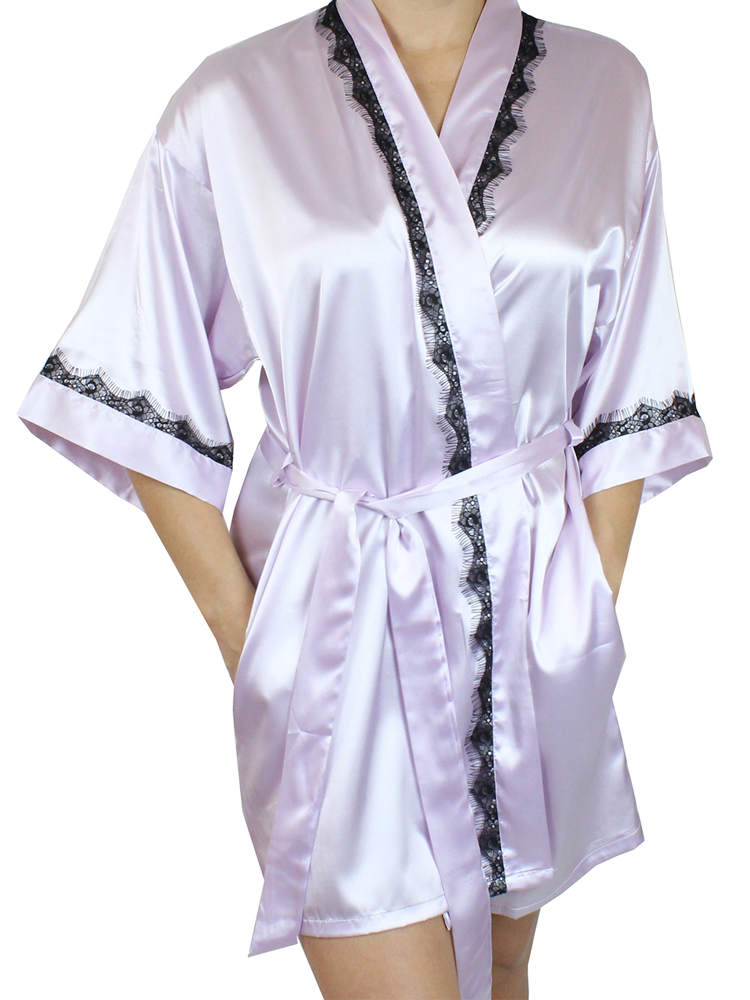 Women's Satin Kimono Short Robe with Lace Trim