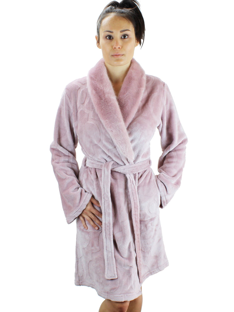 Short Fleece Robe with Faux Fur Collar