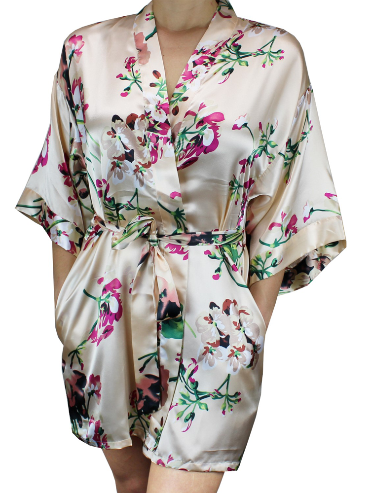 Satin floral kimono robe sales