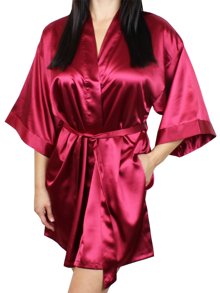 Women's Satin Kimono Short Robe with Pockets