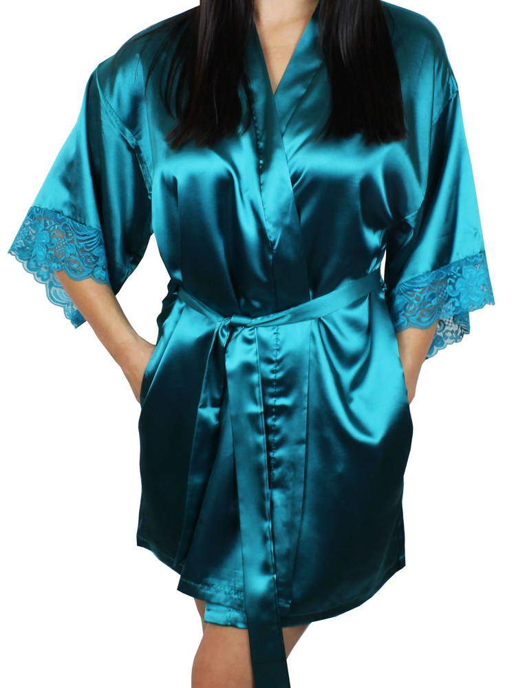 Women's Satin Kimono Short Robe with Lace Trim Sleeves