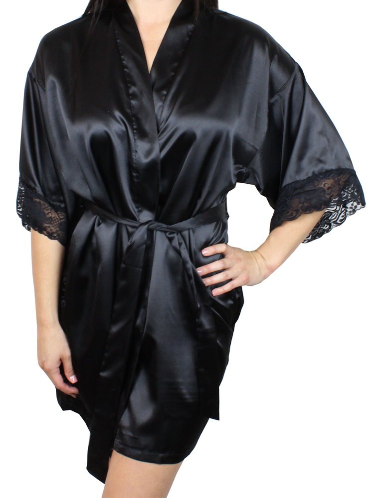 Women's Satin Kimono Short Robe with Lace Trim Sleeves
