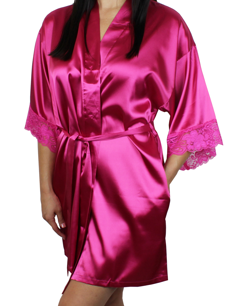 Women's Satin Kimono Short Robe with Lace Trim Sleeves