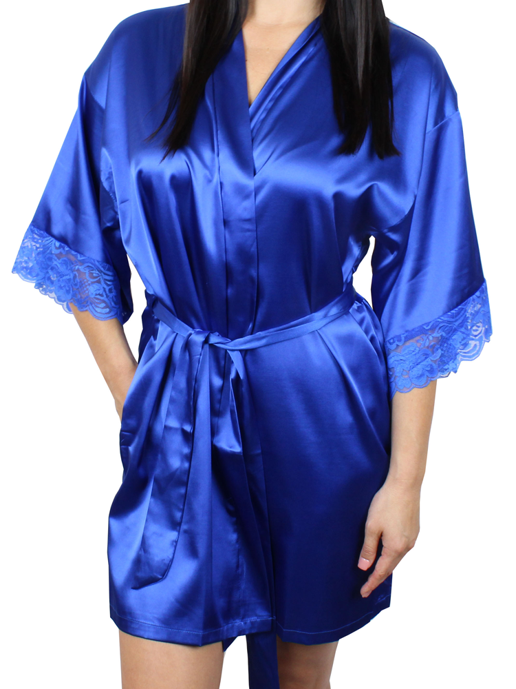 Women's Satin Kimono Short Robe with Lace Trim Sleeves