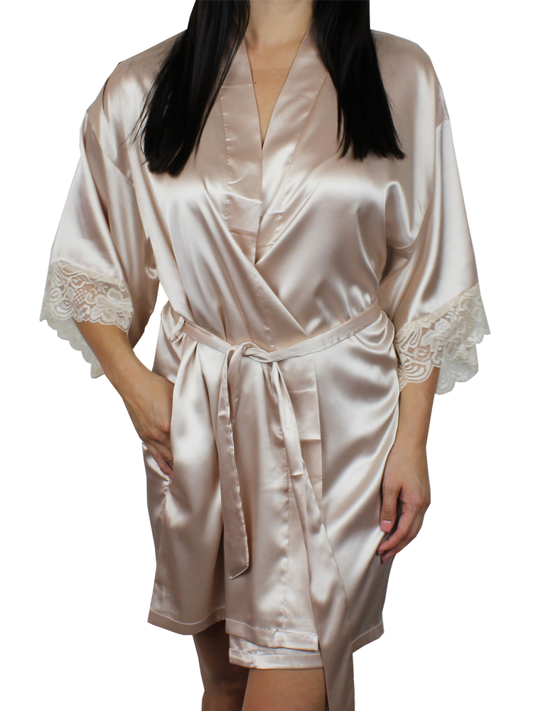 Women's Satin Kimono Short Robe with Lace Trim Sleeves