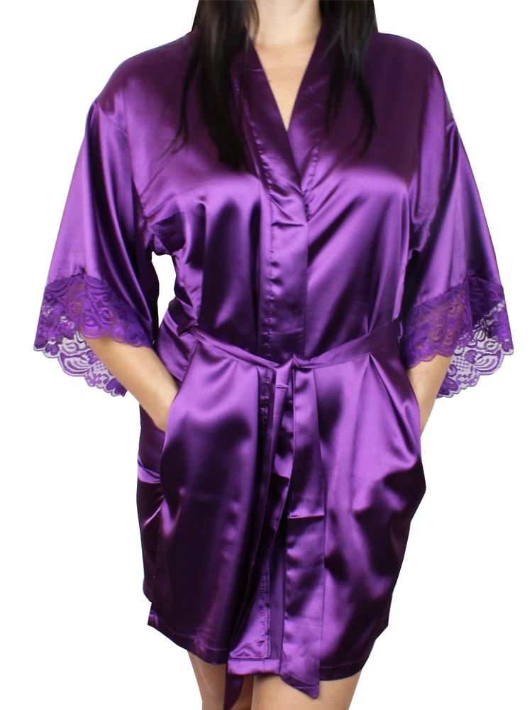 Women's Satin Kimono Short Robe with Lace Trim Sleeves