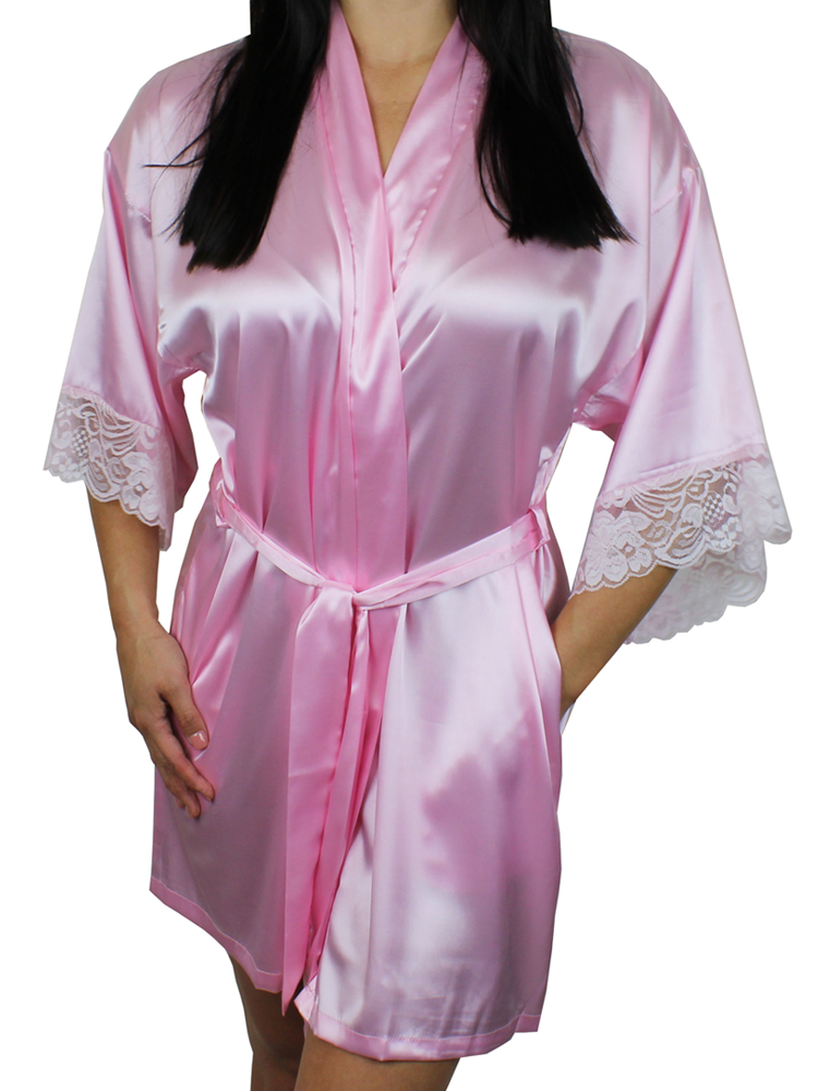 Women's Satin Kimono Short Robe with Lace Trim Sleeves