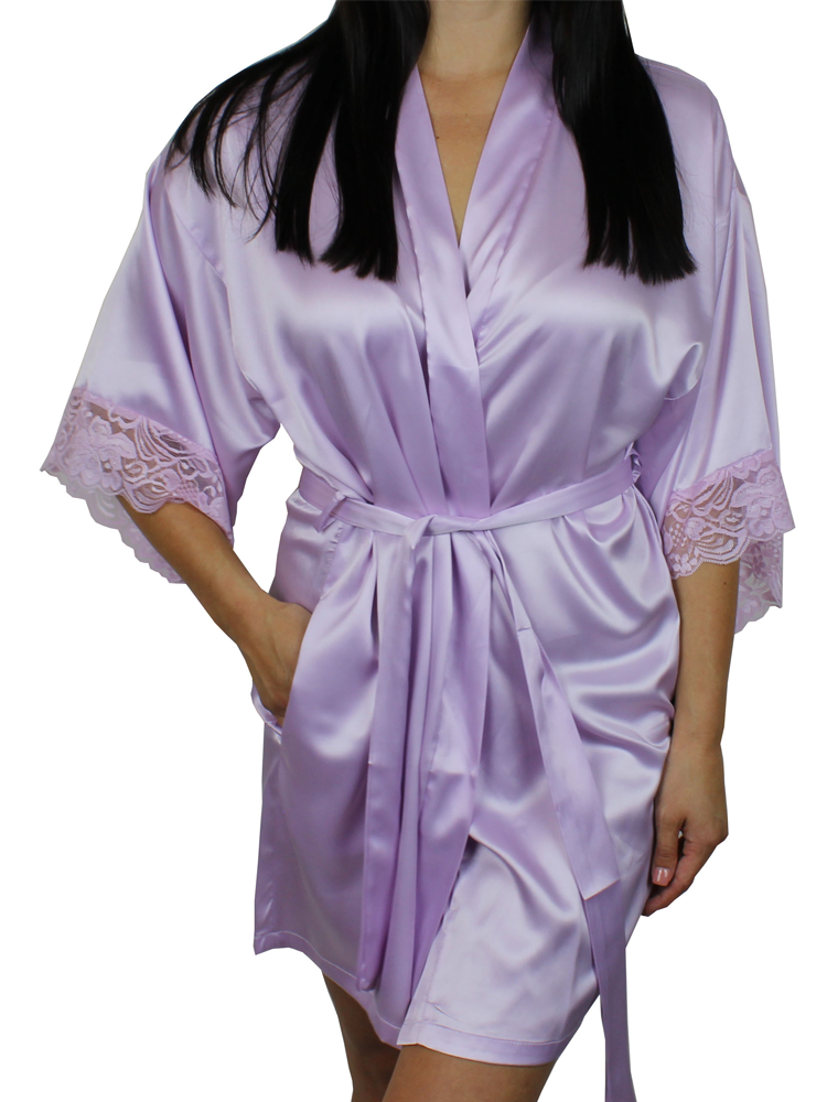 Women's Satin Kimono Short Robe with Lace Trim Sleeves