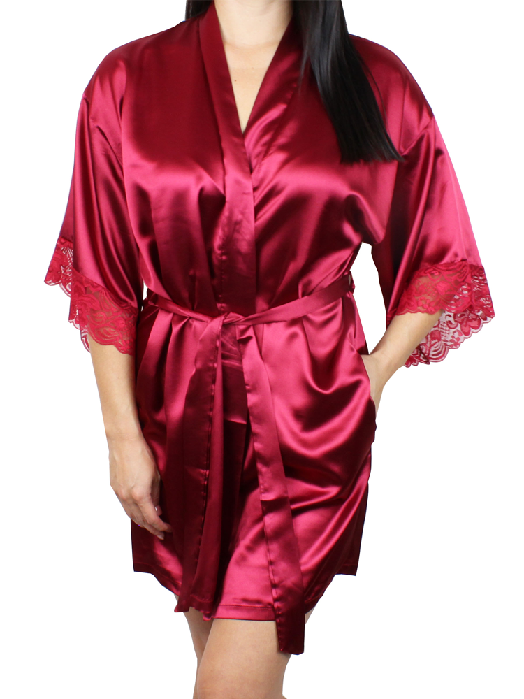Women's Satin Kimono Short Robe with Lace Trim Sleeves