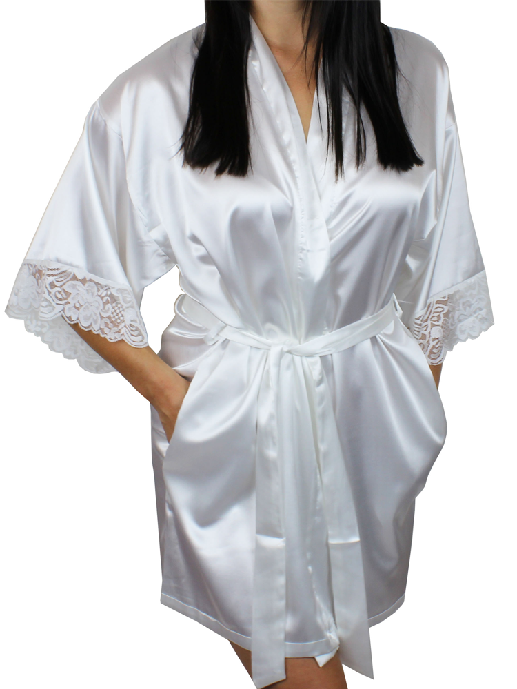 Women's Satin Kimono Short Robe with Lace Trim Sleeves