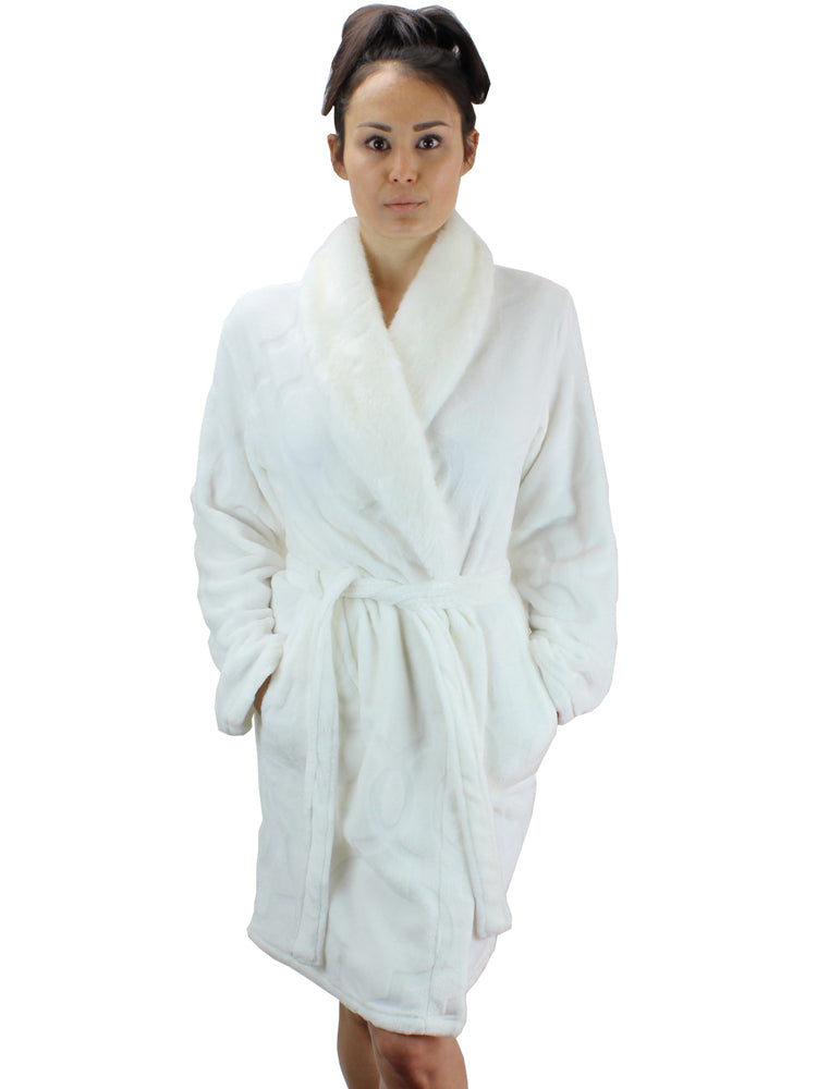 Short Fleece Robe with Faux Fur Collar