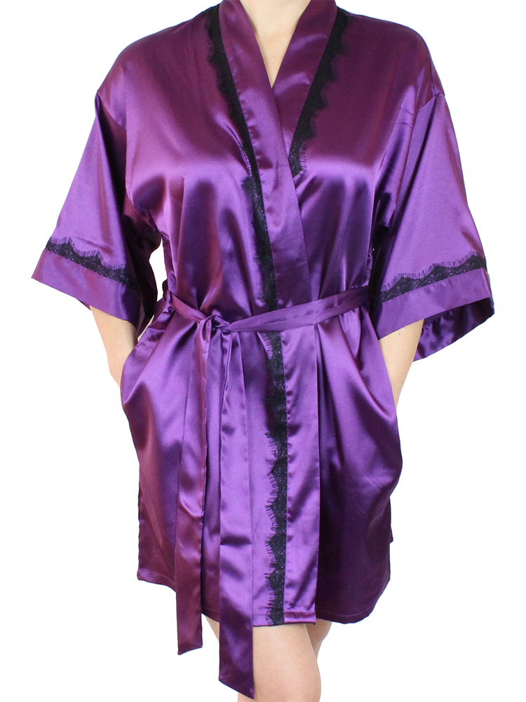 Women's Satin Kimono Short Robe with Lace Trim