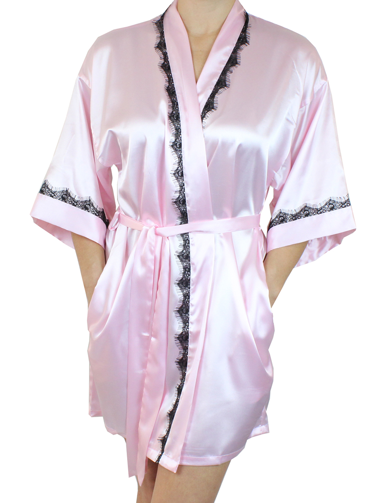 Women's Satin Kimono Short Robe with Lace Trim