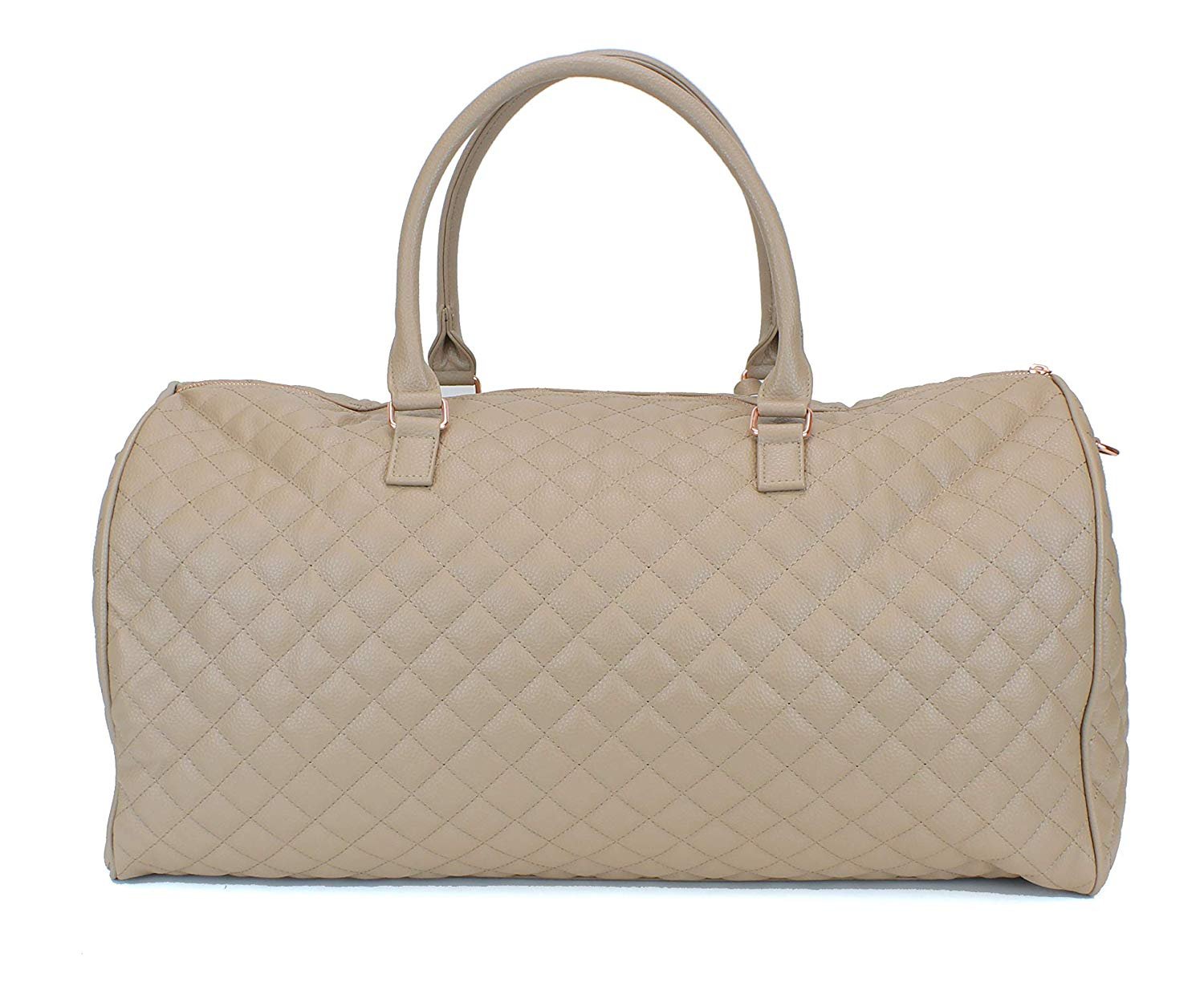 chic travel duffel bag Women's Quilted Leather Weekender Travel Duffel Bag With Rose Gold Har