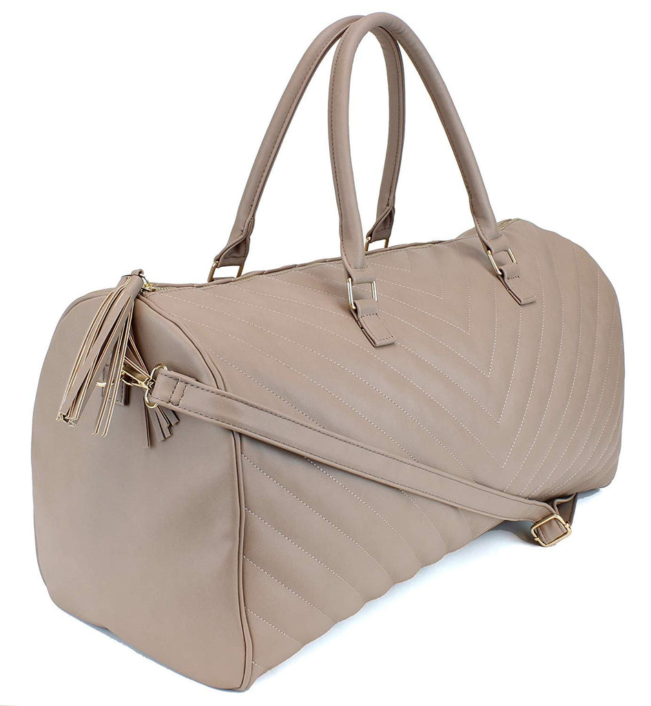 Women's Chevron Pattern Large Leather Weekender Duffel Bag with Gold Hardware and Satin Interior - Big 22" Size - Black