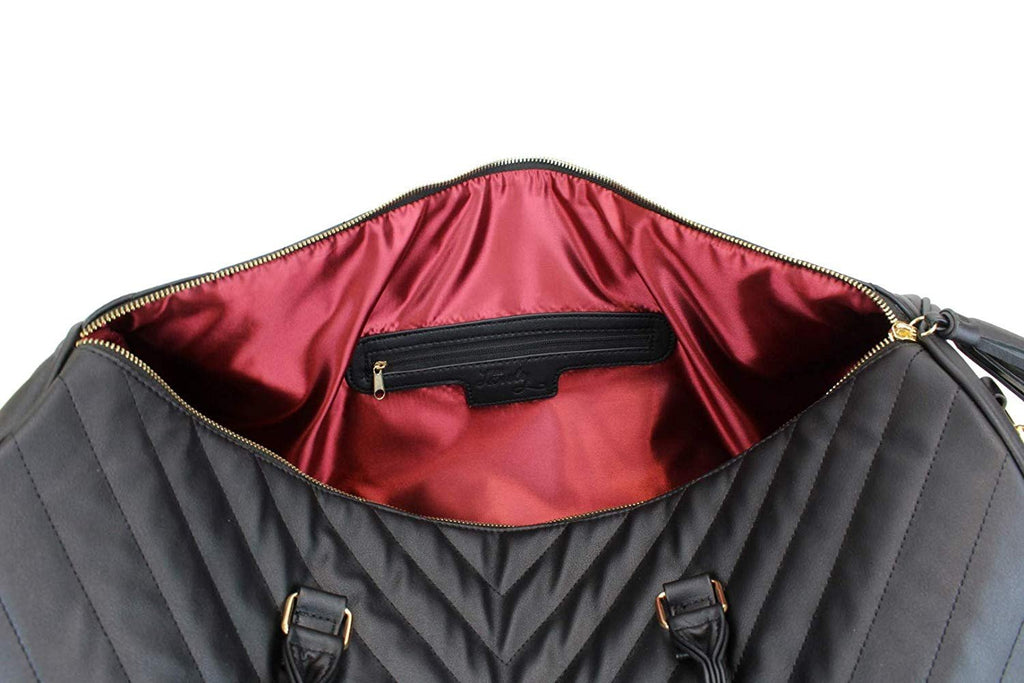 Women's Chevron Pattern Large Leather Weekender Duffel Bag with Gold Hardware and Satin Interior - Big 22" Size - Black