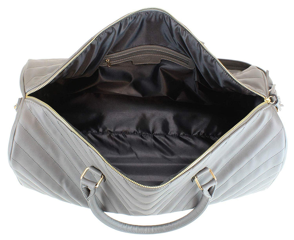 Women's Chevron Pattern Large Leather Weekender Duffel Bag with Gold Hardware and Satin Interior - Big 22" Size - Black