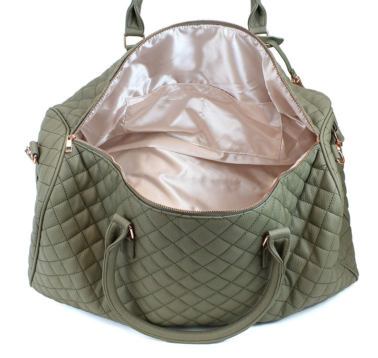 Women s Quilted Leather Weekender Travel Duffel Bag With Rose Gold
