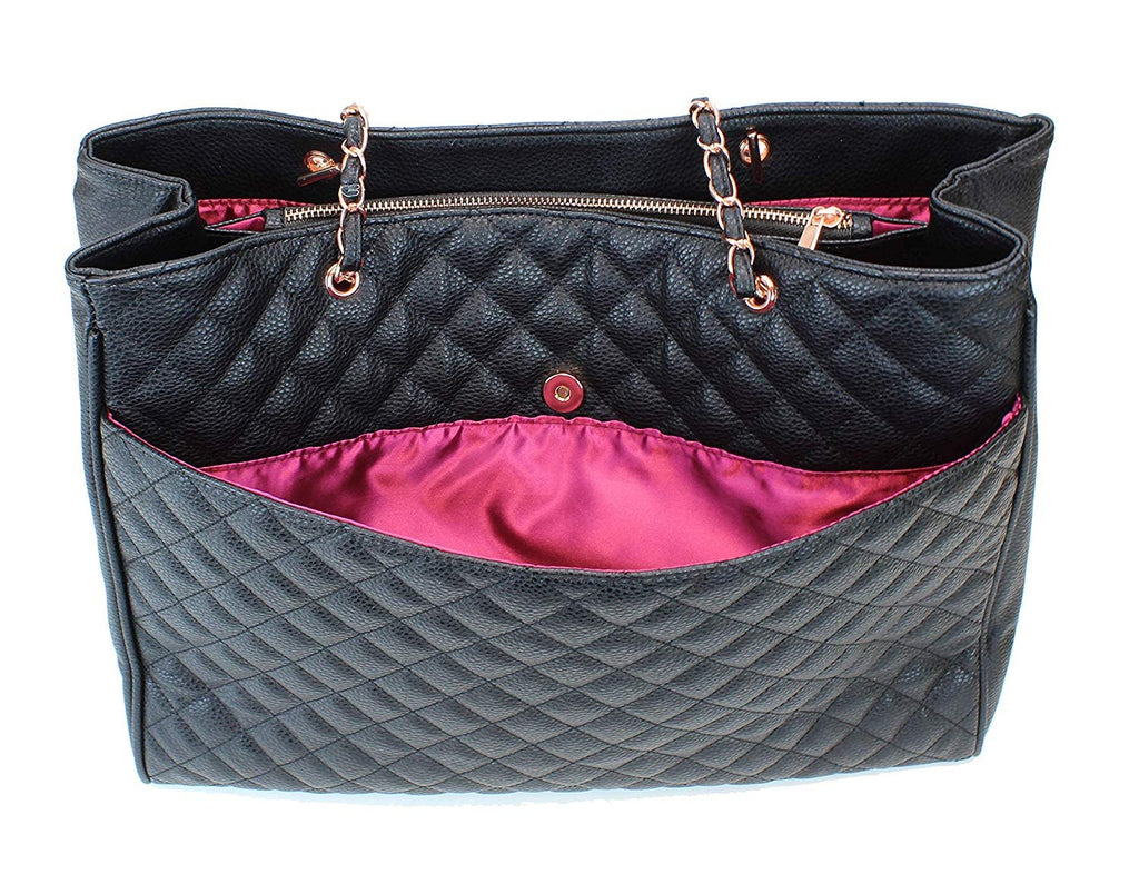 Women's Large Travel Tote Quilted Purse and Work Laptop Handbag - Rose Gold Hardware With Satin Interior - Tan