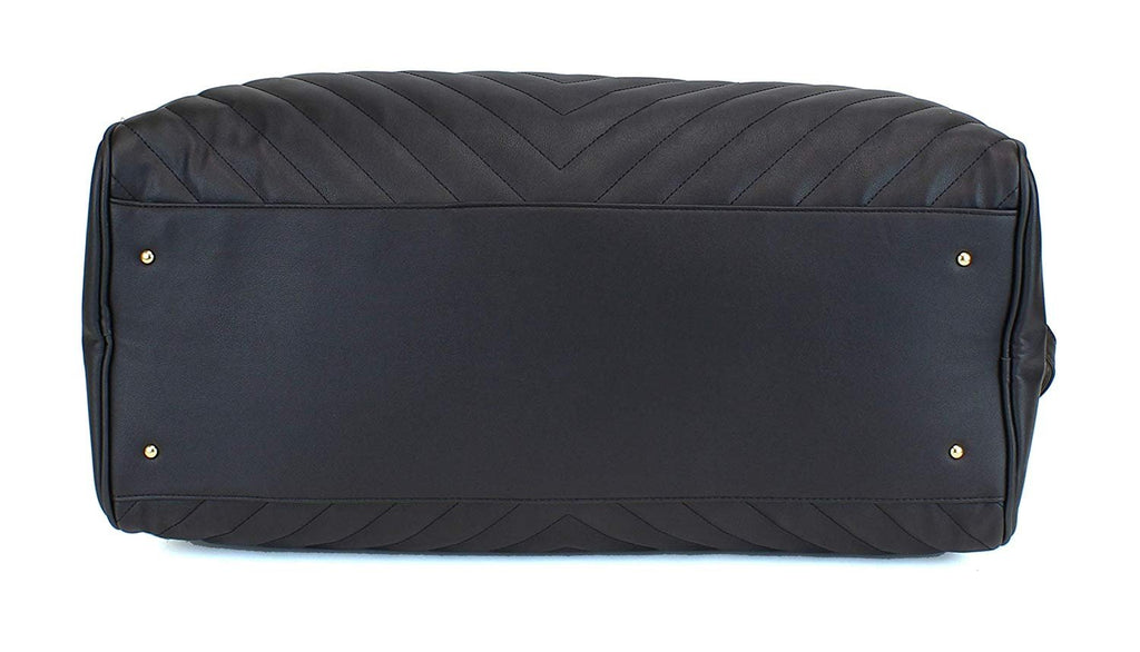 Women's Chevron Pattern Large Leather Weekender Duffel Bag with Gold Hardware and Satin Interior - Big 22" Size - Black