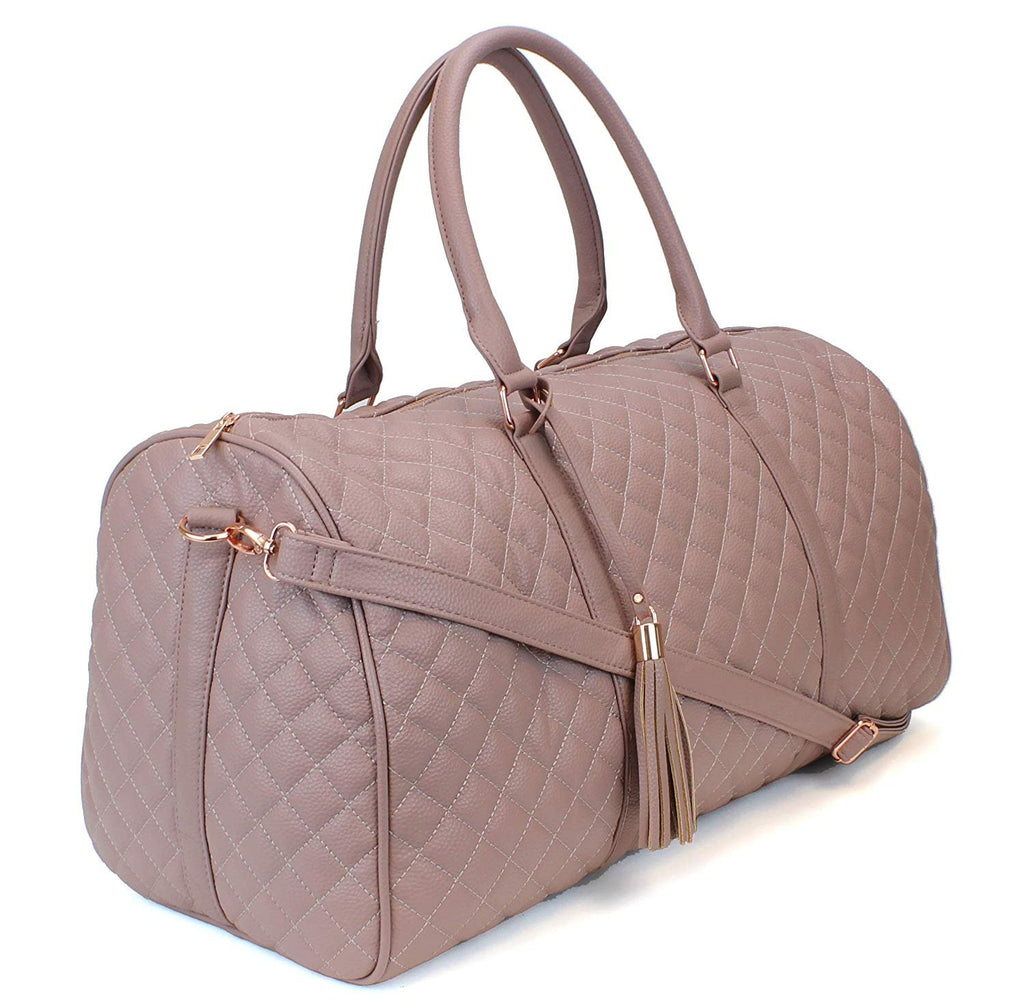 Women's Quilted Leather Weekender Travel Duffel Bag With Rose Gold Hardware - Large 22" Size - Cute Satin Inner Lining - Mauve