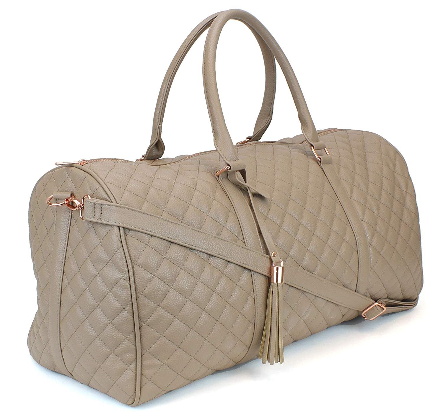 Women's Quilted Leather Weekender Travel Duffel Bag With Rose Gold Har