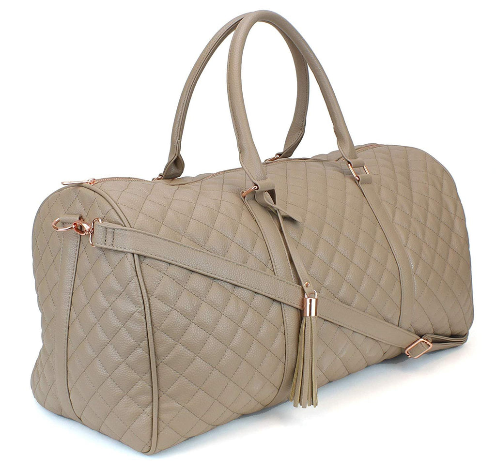 Women's Quilted Leather Weekender Travel Duffel Bag With Rose Gold Hardware - Large 22" Size - Cute Satin Inner Lining - Mauve