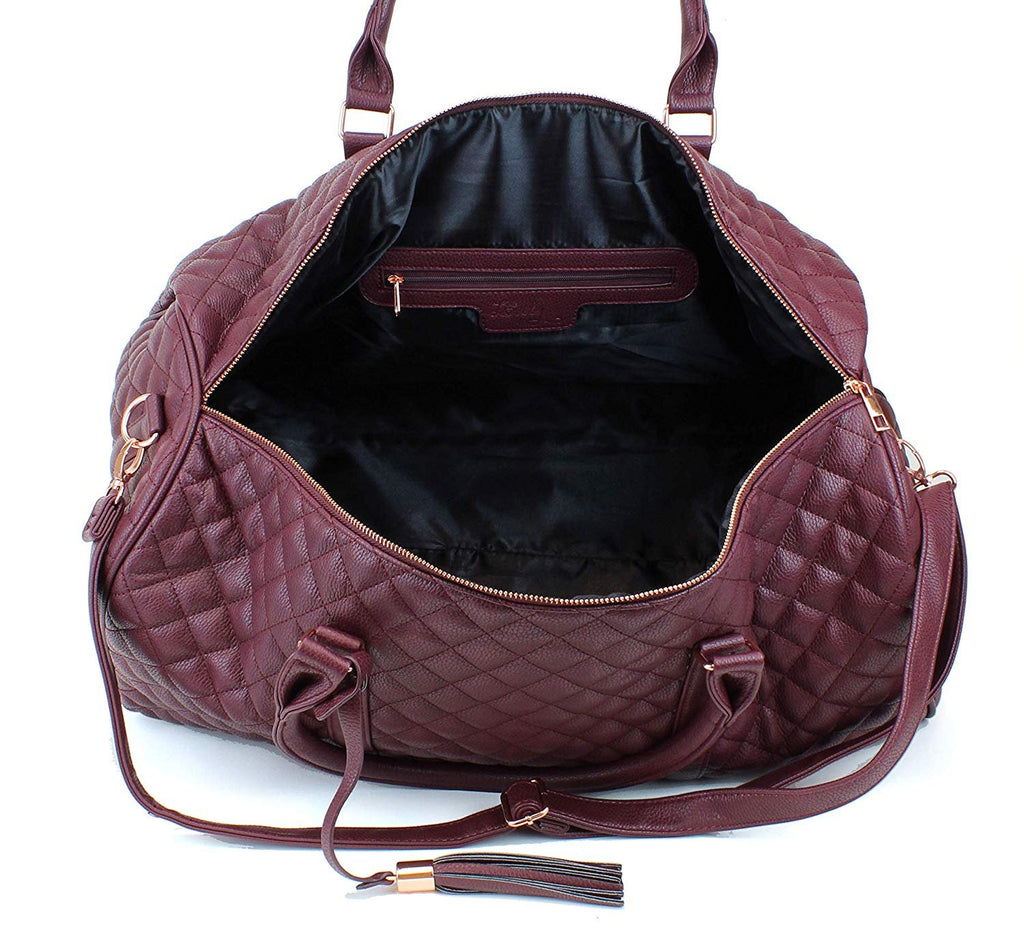 Women's Quilted Leather Weekender Travel Duffel Bag With Rose Gold Hardware - Large 22" Size - Cute Satin Inner Lining - Mauve
