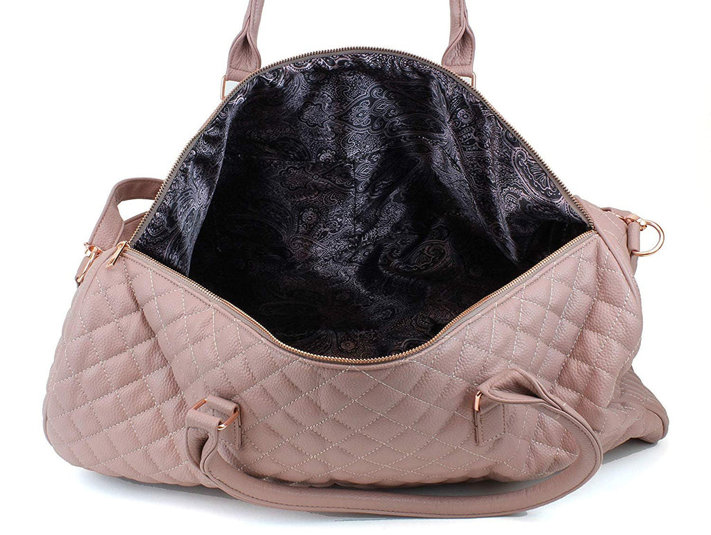 Women's Quilted Leather Weekender Travel Duffel Bag With Rose Gold Hardware - Large 22" Size - Cute Satin Inner Lining - Mauve