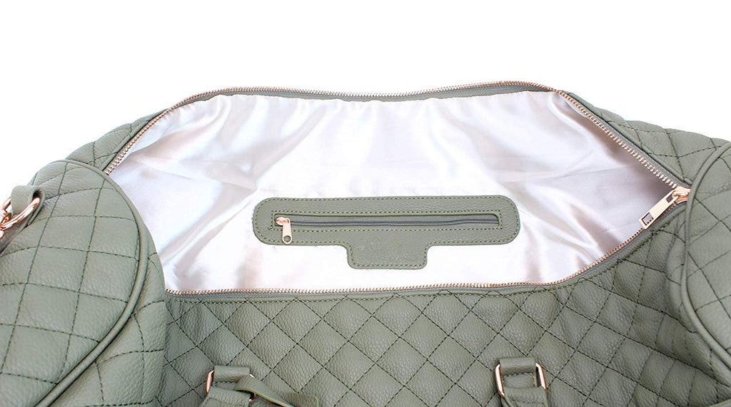 Women's Quilted Leather Weekender Travel Duffel Bag With Rose Gold Hardware - Large 22" Size - Cute Satin Inner Lining - Mauve