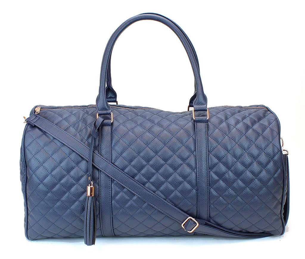 Women's Quilted Leather Weekender Travel Duffel Bag With Rose Gold Hardware - Large 22" Size - Cute Satin Inner Lining - Mauve