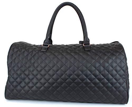 Women's Quilted Leather Weekender Travel Duffel Bag With Rose Gold Hardware - Large 22" Size - Cute Satin Inner Lining - Mauve